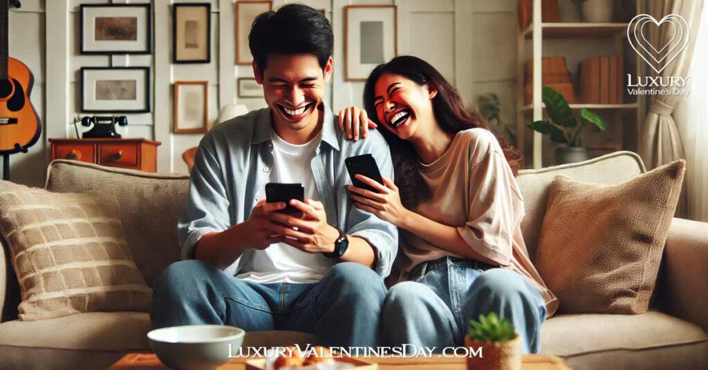 Cute Dating Quotes Funny : Couple laughing together on a sofa while exchanging funny text messages | Luxury Valentine's Day