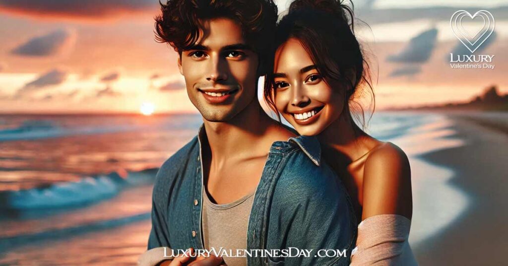 Cute Dating Quotes for Boyfriends : Mixed-race couple standing on a beach at sunset, embracing each other | Luxury Valentine's Day