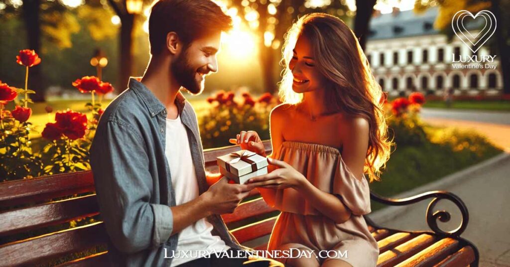 Cute Dating Quotes for Him : Woman giving her boyfriend a small gift on a park bench at sunset | Luxury Valentine's Day