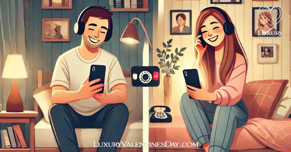 Cute Dating Quotes for Long-Distance Relationships : Couple having a video call in separate rooms, smiling and connecting over distance | Luxury Valentine's Day