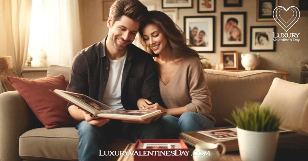 Cute Dating Quotes for Long-Term Relationships : Couple sitting on a sofa looking at old photo albums, reminiscing | Luxury Valentine's Day