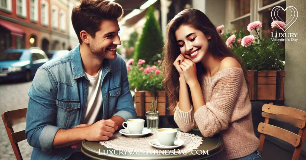 Cute New Dating Quote : Young couple on a first date at an outdoor café, smiling shyly | Luxury Valentine's Day