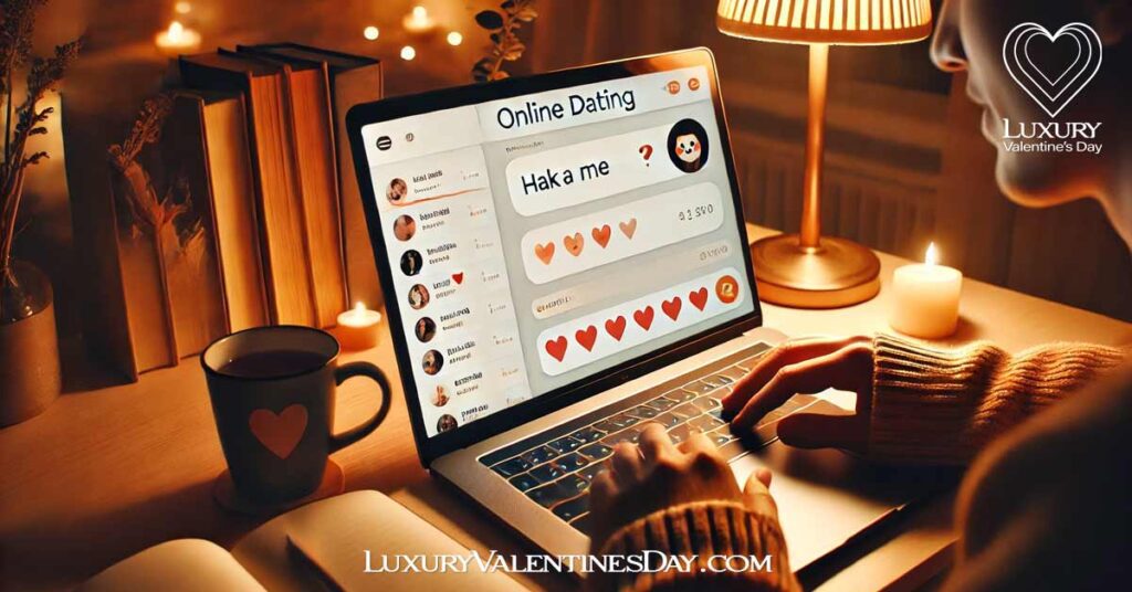 Cute Online Dating Quotes : Person using a laptop for online dating, engaging in a playful conversation | Luxury Valentine's Day