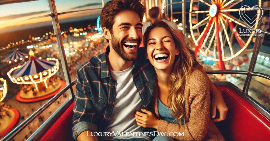 Cute Quotes for Dating : Couple on a Ferris wheel at an amusement park, laughing and enjoying the ride | Luxury Valentine's Day