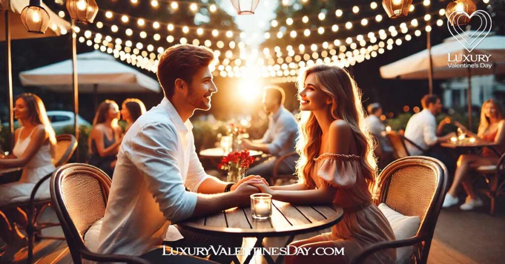 Dating Quotes Cute : Romantic couple sitting in an outdoor café under soft lights at sunset | Luxury Valentine's Day