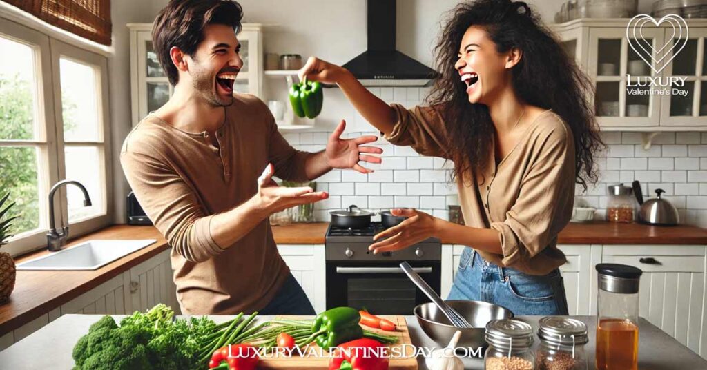 Dating Quotes Cute Hilarious : Mixed-race couple playfully tossing vegetables in a kitchen while cooking | Luxury Valentine's Day