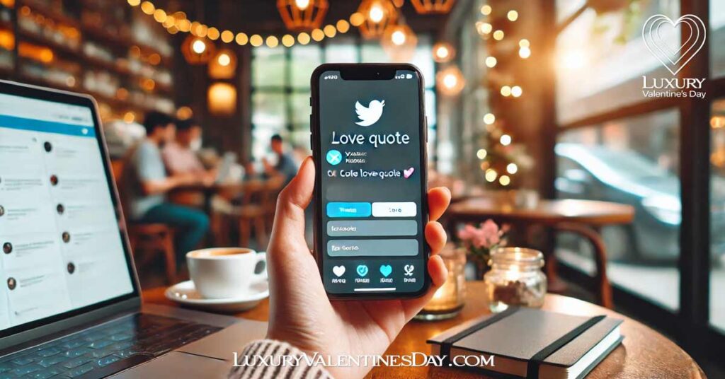 Dating Quotes Cute Twitter (X) : Person posting a cute love quote on X (formerly Twitter) in a cozy coffee shop | Luxury Valentine's Day