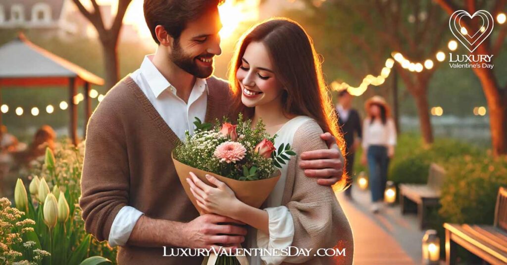 Dating Quotes Cute for Her : Man giving a woman a bouquet of flowers in a park at sunset | Luxury Valentine's Day