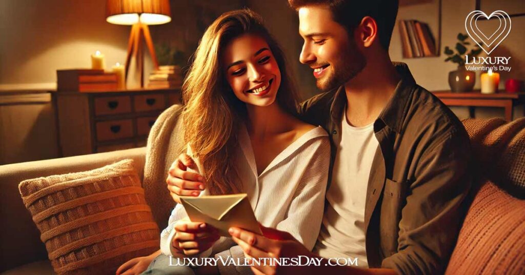 Dating Quotes Cute for Him : Woman handing a love note to her boyfriend on a cozy sofa | Luxury Valentine's Day