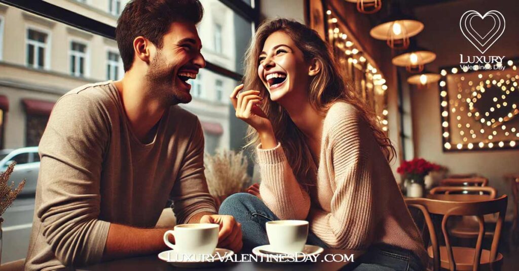 Funny Dating Quotes for Him : Playful couple laughing together on a cozy cafe date | Luxury Valentine's Da