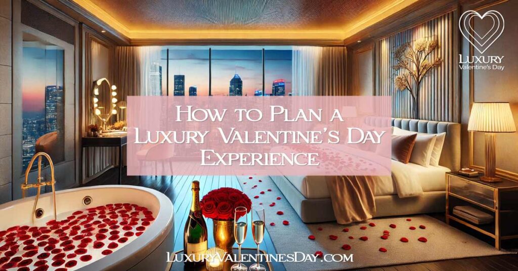 How to Plan a Luxury Valentine’s Day Experience : Five-star hotel suite with romantic Valentine’s Day setup and city skyline view | Luxury Valentine's Day