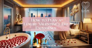 How to Plan a Luxury Valentine’s Day Experience : Five-star hotel suite with romantic Valentine’s Day setup and city skyline view | Luxury Valentine's Day