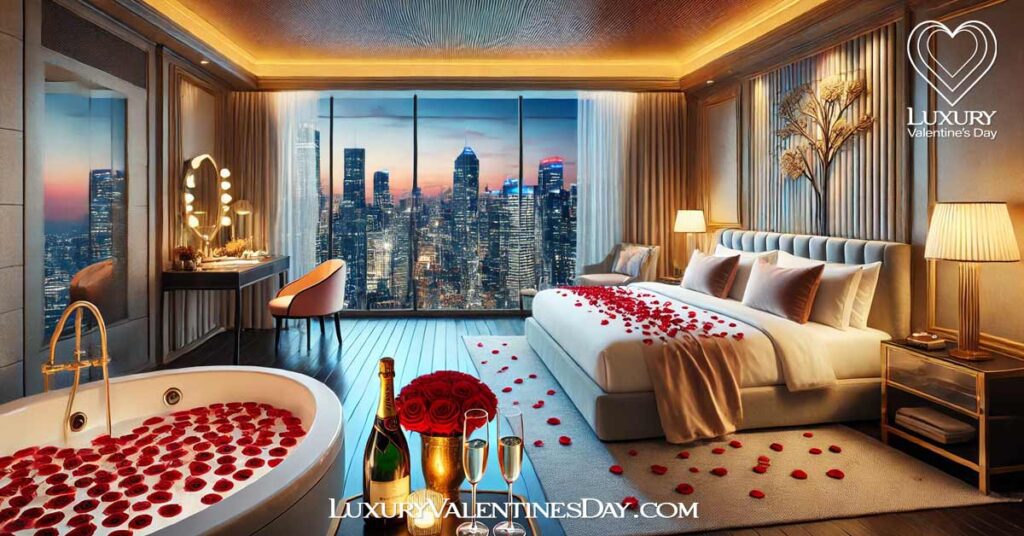 How to Plan a Luxury Valentine’s Day Experience : Five-star hotel suite with romantic Valentine’s Day setup and city skyline view | Luxury Valentine's Day