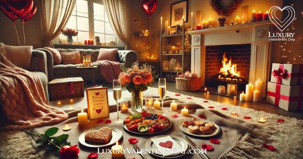 How to Personalise Your Valentine's Day Celebration : Romantic indoor Valentine's Day picnic with candles and heart-shaped treats | Luxury Valentine's Day