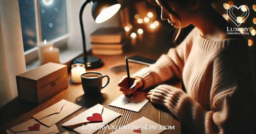 How to Use Cute Dating Quotes : Woman writing a love note at a cozy desk with warm lighting | Luxury Valentine's Day