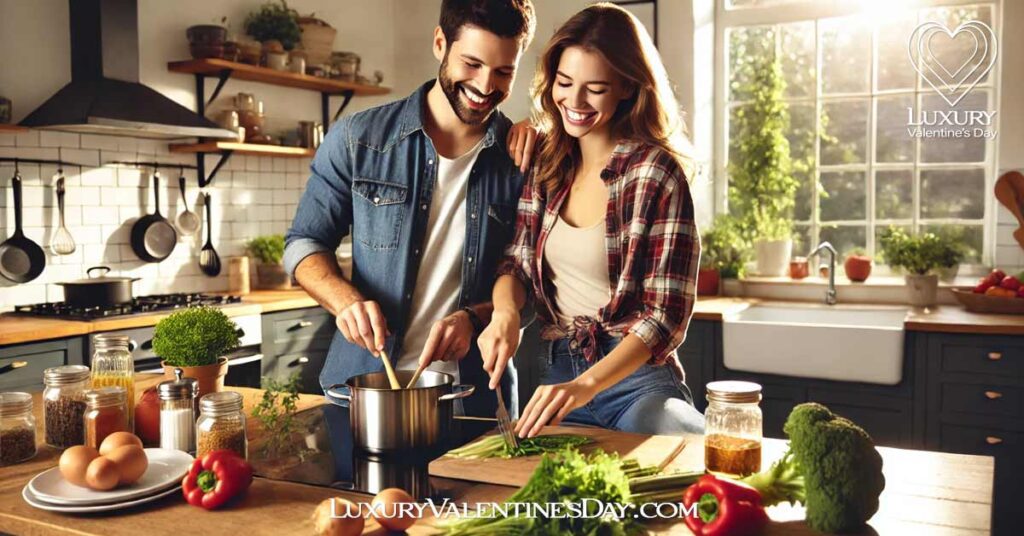 Involving Shared Passions on Valentine's Day : Couple cooking together in a bright modern kitchen | Luxury Valentine's Day