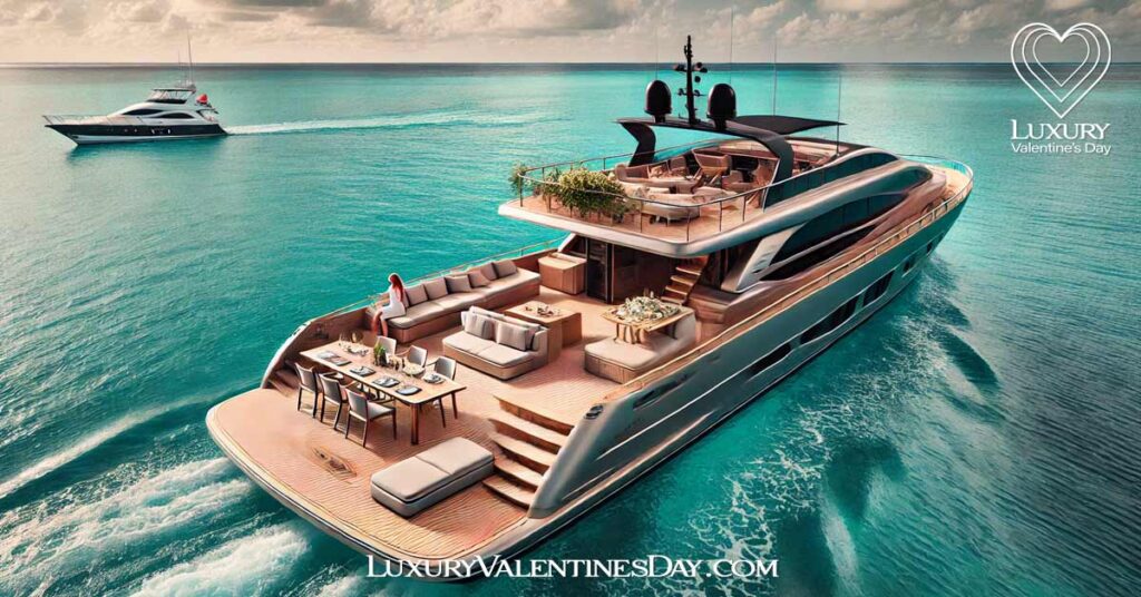 Luxury Valentine's Day Activities : Private yacht sailing on turquoise waters with a luxury deck setup | Luxury Valentine's Day