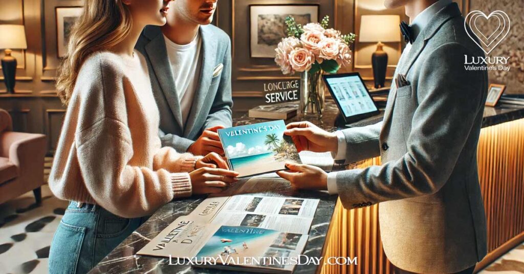 Luxury Valentine's Day FAQs : Couple asking questions at a luxury concierge desk while planning Valentine’s Day | Luxury Valentine's Day