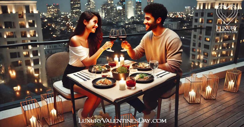 Plan a Private Dining Experience for Valentine's Day : Mixed-race couple toasting during a private outdoor dining experience with a city view | Luxury Valentine's Day