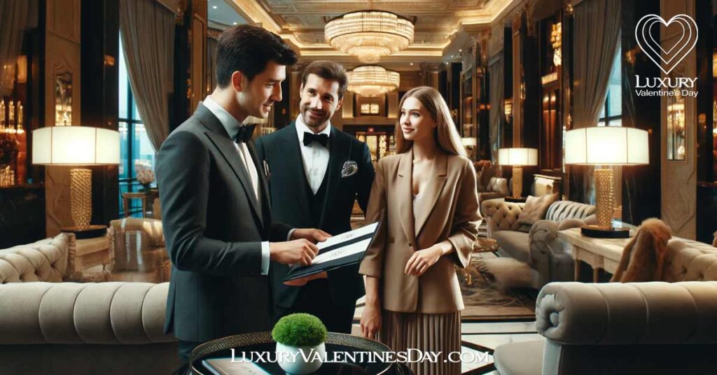 Planning Tips for a Luxury Valentine's Day : Luxury hotel concierge assisting a couple in a lavish hotel lobby | Luxury Valentine's Day