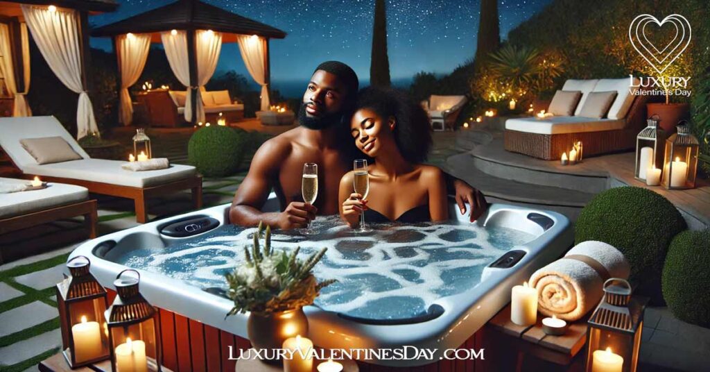 Planning the PerfetcLuxury Ending for Valentine's Day : Black couple relaxing in a luxurious outdoor spa at night | Luxury Valentine's Day