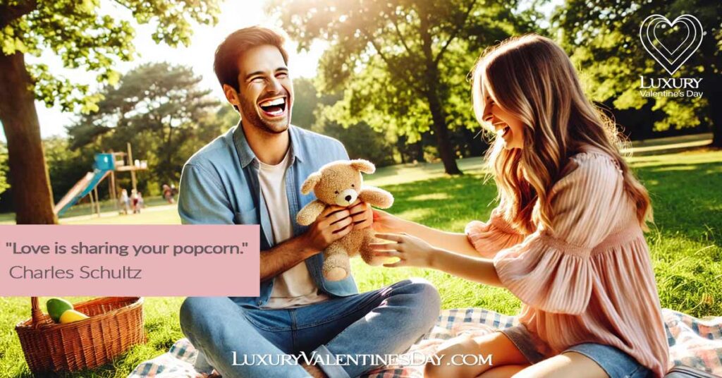 Playful and Cute Quotes for Him : Playful couple teasing each other during a picnic in the park | Luxury Valentine's Day