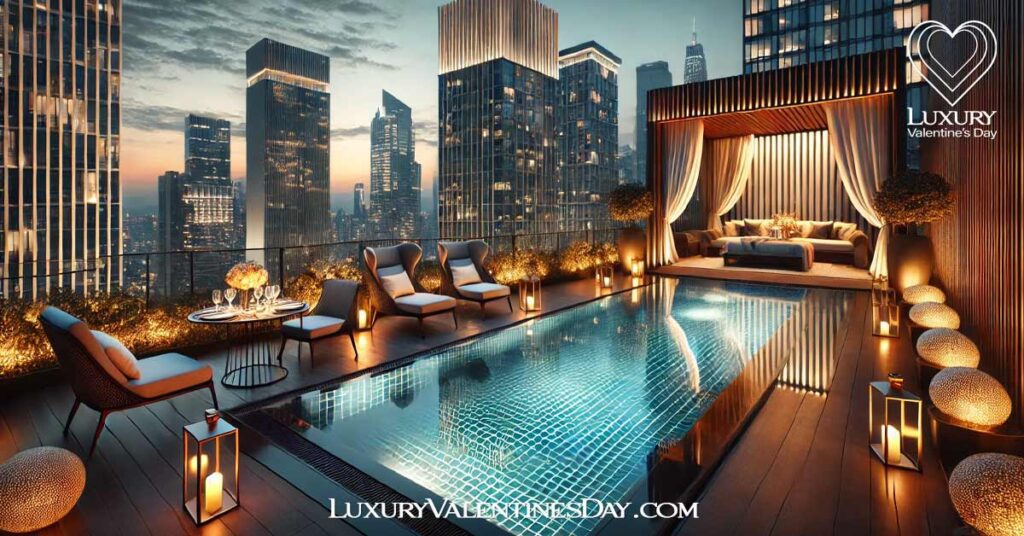 Selecting the Perfect Luxury Valentines Venue : Luxurious hotel rooftop with infinity pool and city skyline view | Luxury Valentine's Day