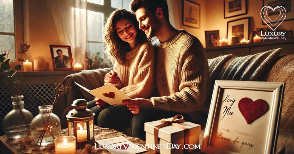 Understanding Your Partners Love Language : Couple sharing a love letter on a cozy couch with candles | Luxury Valentine's Day