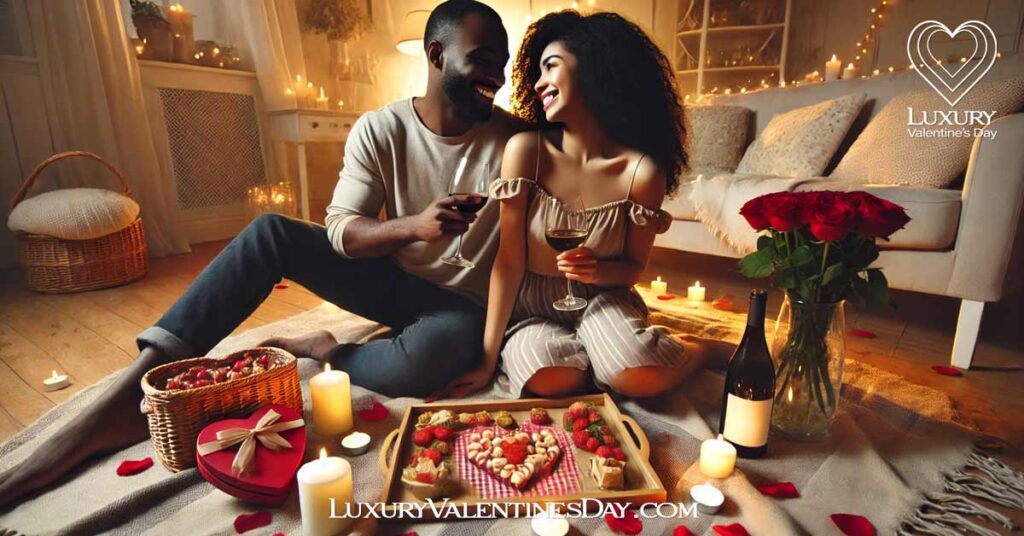 Unique Valentine's Day Date Ideas : Black couple enjoying a romantic indoor picnic in a cozy living room | Luxury Valentine's Day