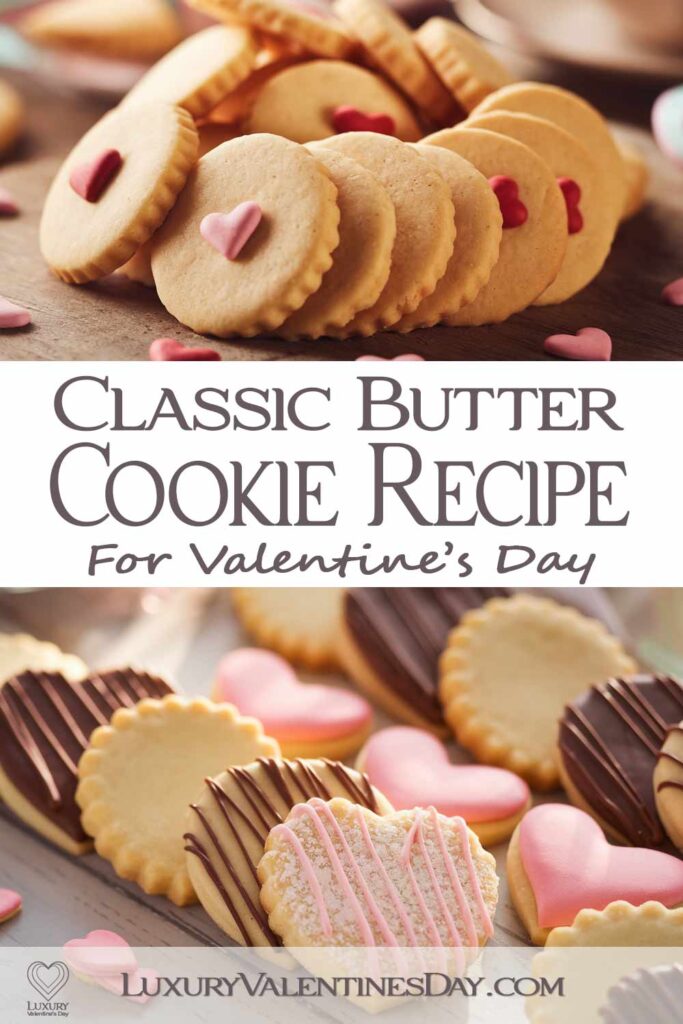 Classic Butter Cookies Recipe for Valentine's Day : Butter cookies with powdered sugar and chocolate drizzle on a wooden surface. | Luxury Valentine's Day