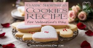 Classic Shortbread Cookie Recipe for Valentine's Day : Heart-shaped shortbread cookies with icing and powdered sugar, surrounded by Valentine's Day decorations including roses and champagne. | Luxury Valentine's Day