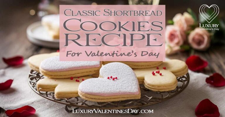 Classic Shortbread Cookie Recipe for Valentine's Day : Heart-shaped shortbread cookies with icing and powdered sugar, surrounded by Valentine's Day decorations including roses and champagne. | Luxury Valentine's Day