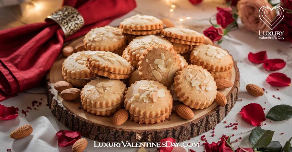 Classic Valentine Almond Cookies : Classic almond cookies arranged on a wooden serving board, topped with slivered almonds, with whole almonds, a red napkin, and rose petals around | Luxury Valentine's Day