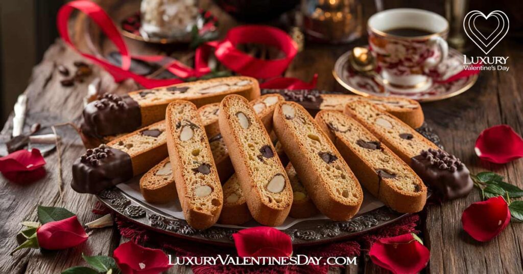 Classic Valentine Biscotti Cookie : Classic biscotti cookies arranged on a rustic wooden table, with visible almonds and chocolate chips, some dipped in chocolate, with a cup of coffee and rose petals. | Luxury Valentine's Day