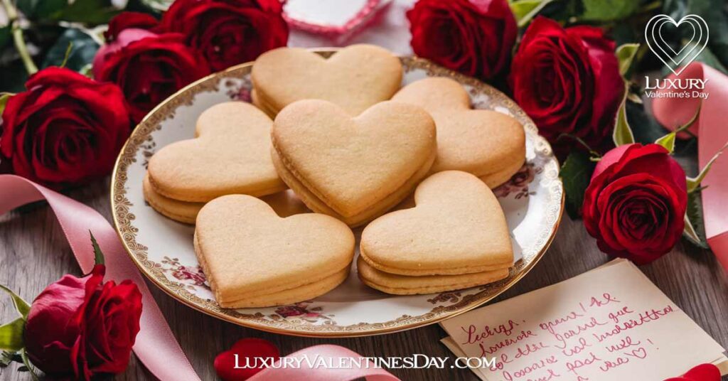 Classic Valentine Butter Cookies : lassic butter cookies arranged on a decorative platter with a cup of tea, lavender, and a linen napkin for a cozy Valentine's Day setting | Luxury Valentine's Day