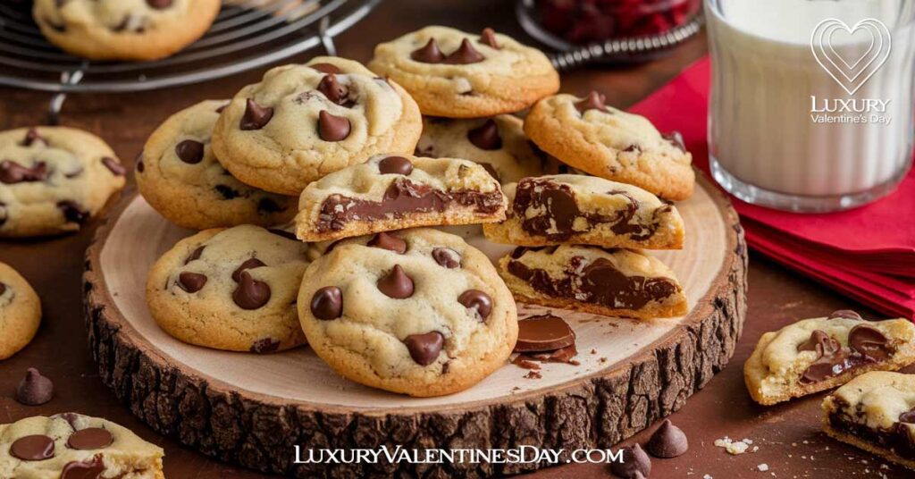 Classic Valentine Chocolate Chip Cookies : Classic chocolate chip cookies on a cooling rack, with stacked and broken cookies showing gooey chocolate chips in a cozy kitchen setting | Luxury Valentine's Day