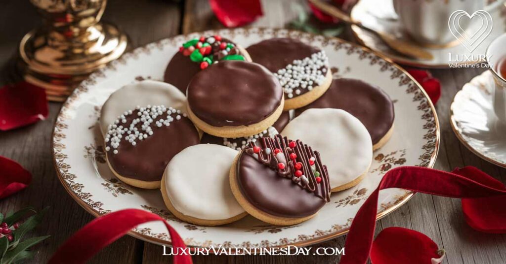 Classic Valentine Chocolate Dipped Cookies : Classic chocolate-dipped cookies arranged on a wooden table, with one half dipped in dark and white chocolate, decorated with sprinkles and crushed nuts. | Luxury Valentine's Day