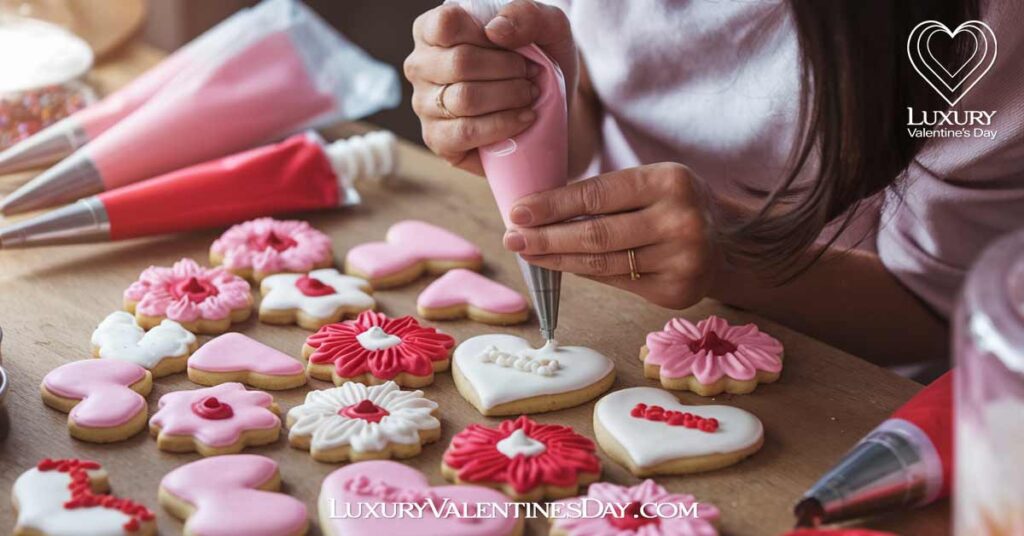 Classic Valentine Cookie Decorating Ideas : Various classic Valentine's Day cookies being decorated with icing in shades of pink, red, and white, on a wooden table with piping bags and sprinkles | Luxury Valentine's Day