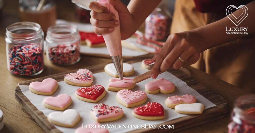 Classic Valentine Cookie Decorating Techniques : Hands decorating heart-shaped and round cookies using different icing techniques, including piping and flooding, with decorating tools like piping bags and sprinkles. | Luxury Valentine's Day