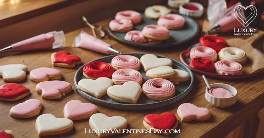 Classic Valentine Cookie Frosting : Classic Valentine's Day cookies being frosted with royal icing, buttercream, and glaze in pink, red, and white, with frosting tools like piping bags and spatulas | Luxury Valentine's Day