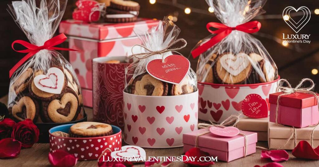 Classic Valentine Cookie Packaging Ideas : Assortment of Valentine's Day cookies in different packaging styles, including cellophane bags tied with red ribbons, decorative tins, and gift boxes | Luxury Valentine's Day