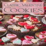 Classic Valentine Cookies : A variety of classic Valentine's Day cookies arranged on a rustic wooden table, including heart-shaped treats with red and pink icing, decorated with sprinkles | Luxury Valentine's Day