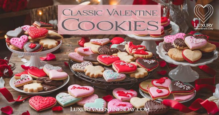 Classic Valentine Cookies : A variety of classic Valentine's Day cookies arranged on a rustic wooden table, including heart-shaped treats with red and pink icing, decorated with sprinkles | Luxury Valentine's Day