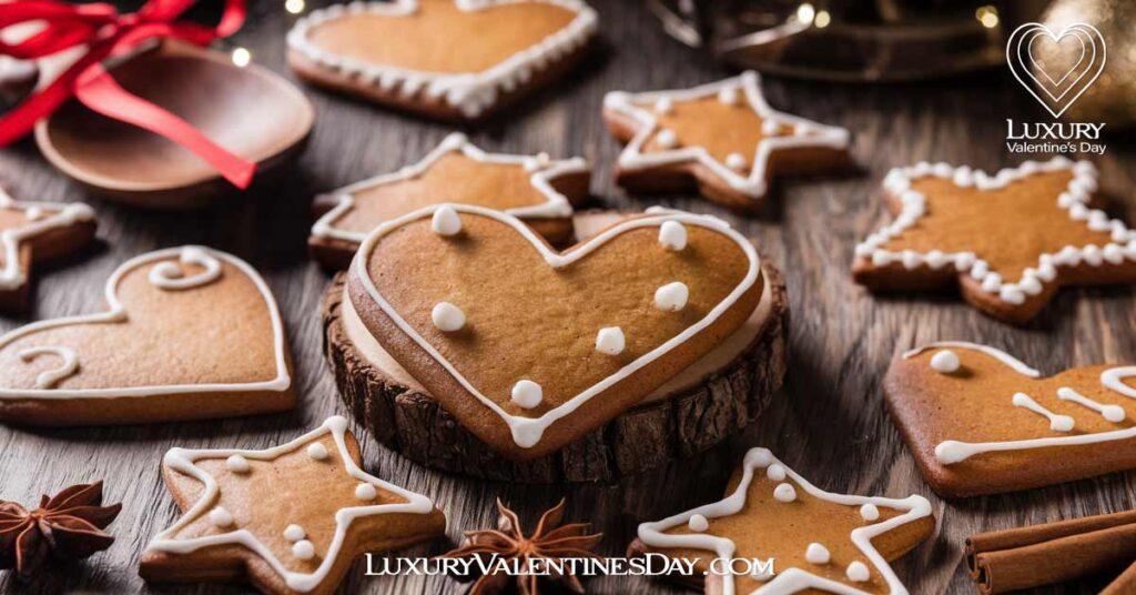 Classic Valentine Gingerbread Cookies : Classic gingerbread cookies decorated with white royal icing, placed on a wooden table with festive elements like cinnamon sticks, star anise, and a red ribbon | Luxury Valentine's Day