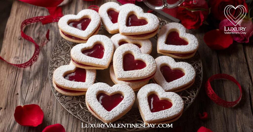 Classic Valentine Linzer Cookie : Classic Linzer cookies on a rustic wooden table with heart-shaped cutouts filled with red jam, lightly dusted with powdered sugar | Luxury Valentine's Day