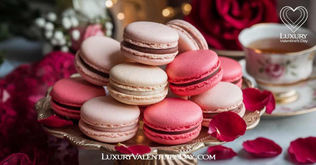 Classic Valentine Macaron Cookies : Classic macaron cookies in pink and red, arranged on a wooden table with rose petals, a red ribbon, and a cup of tea. | Luxury Valentine's Day