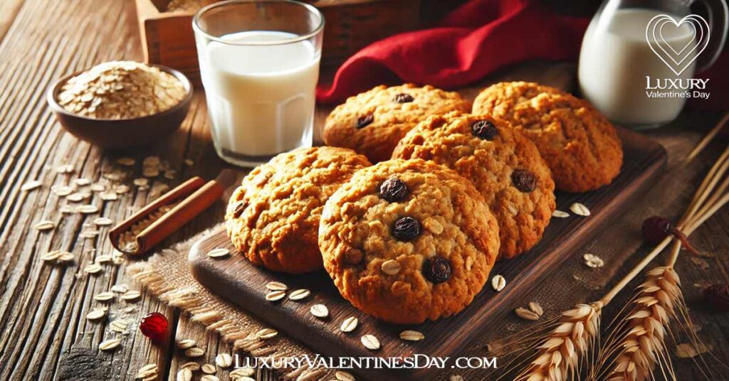 Classic Valentine Oatmeal Cookies : Classic oatmeal cookies arranged on a rustic wooden table with a glass of milk, a red napkin, and scattered oats. | Luxury Valentine's Day