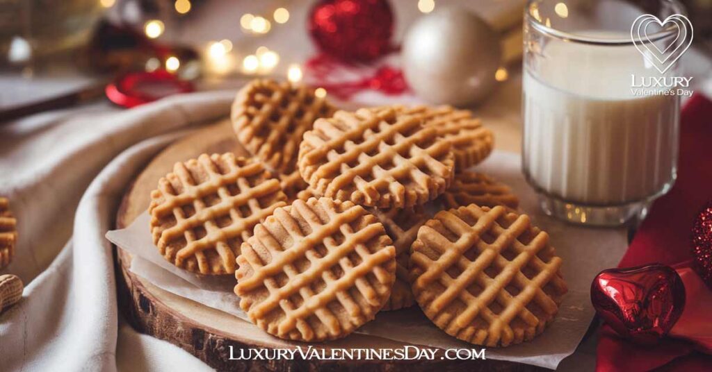 Classic Valentine Peanut Butter Cookies : Classic peanut butter cookies on a wooden board with a glass of milk, scattered peanuts, and a red napkin in a cozy Valentine's Day setting | Luxury Valentine's Day