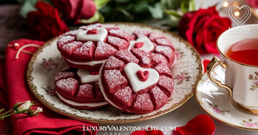 Classic Valentine Red Velvet Cookies : Classic red velvet cookies on a plate with powdered sugar, surrounded by Valentine's decorations like a red napkin and rose petals | Luxury Valentine's Day