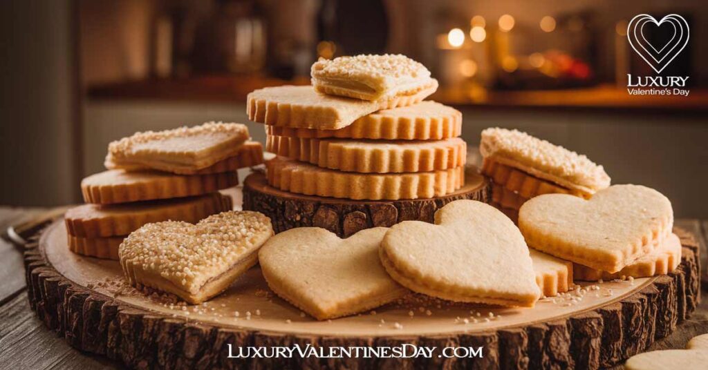 Classic Valentine Shortbread Cookies :Classic shortbread cookies arranged on a wooden serving board, with some sprinkled with granulated sugar, set in a cozy kitchen setting | Luxury Valentine's Day